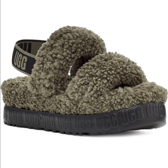 UGG® Oh Fluffita Burnt Olive Genuine Shearling Slingback Sandals - Picture 2 of 10
